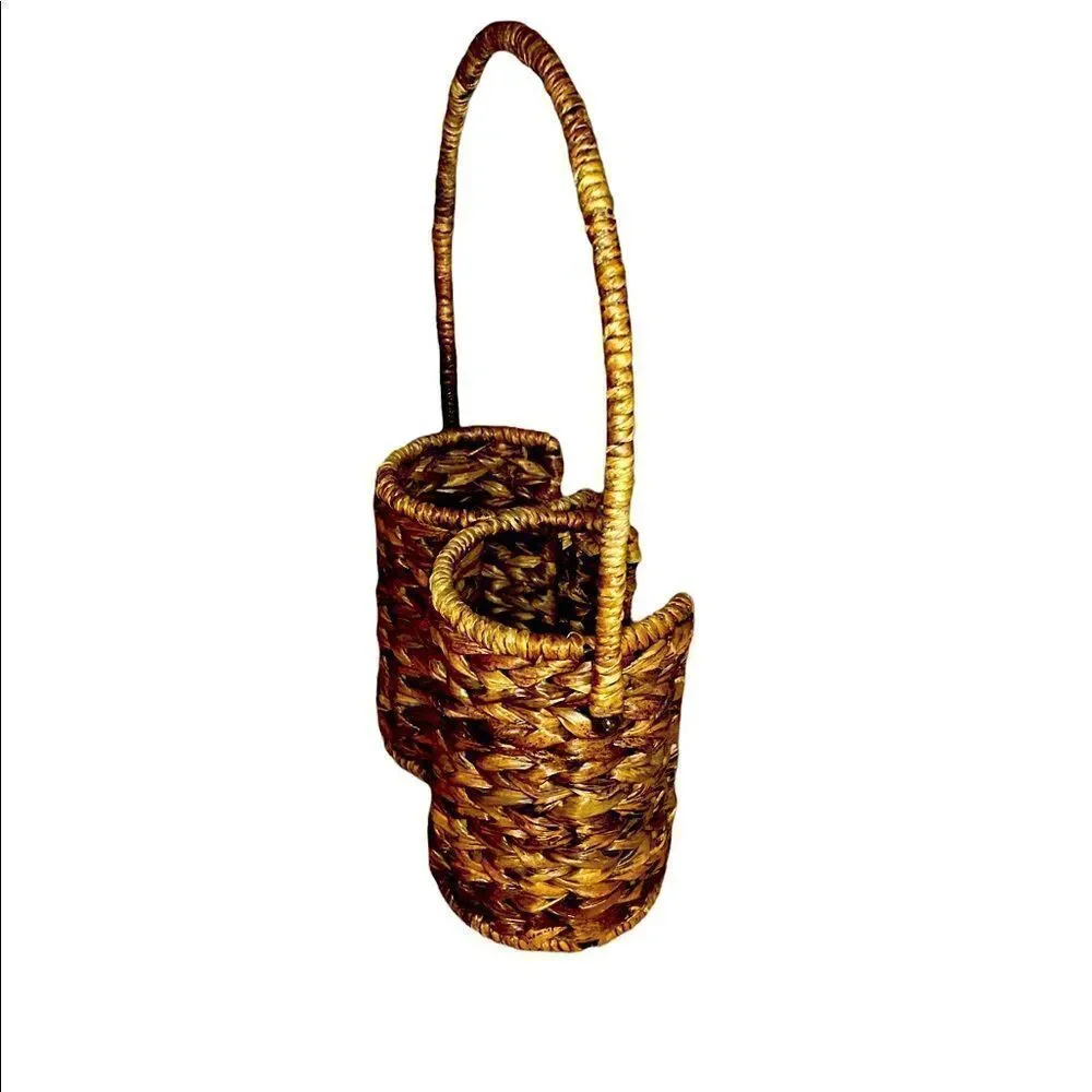 Vintage Double Wine Bottle Woven Wicker Tote with Rotating Handle 14x8